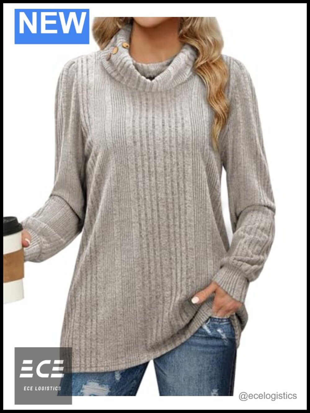Turtleneck Sweater Long Sleeve Ribbed Knit Loose Casual Tunic Top